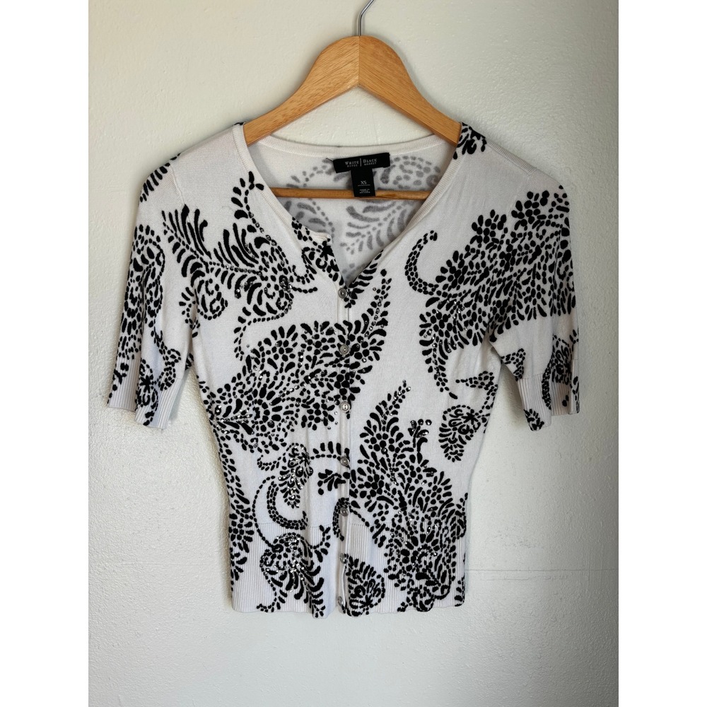 White House Black Market XS Black White Floral Rhinestone Short Sleeve‎ Cardigan